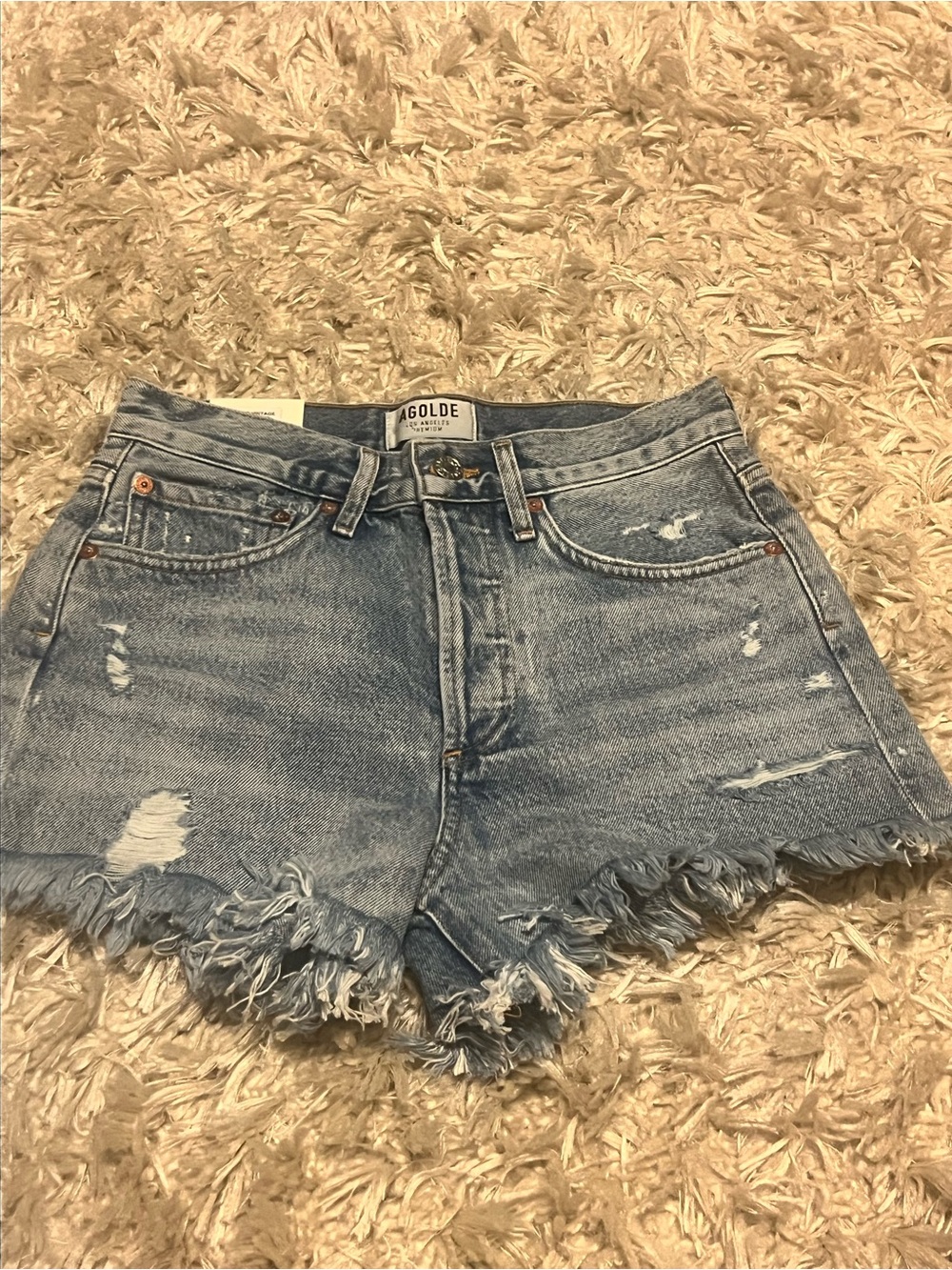 Agolde Light Blue Distressed High-Waist Denim Shorts